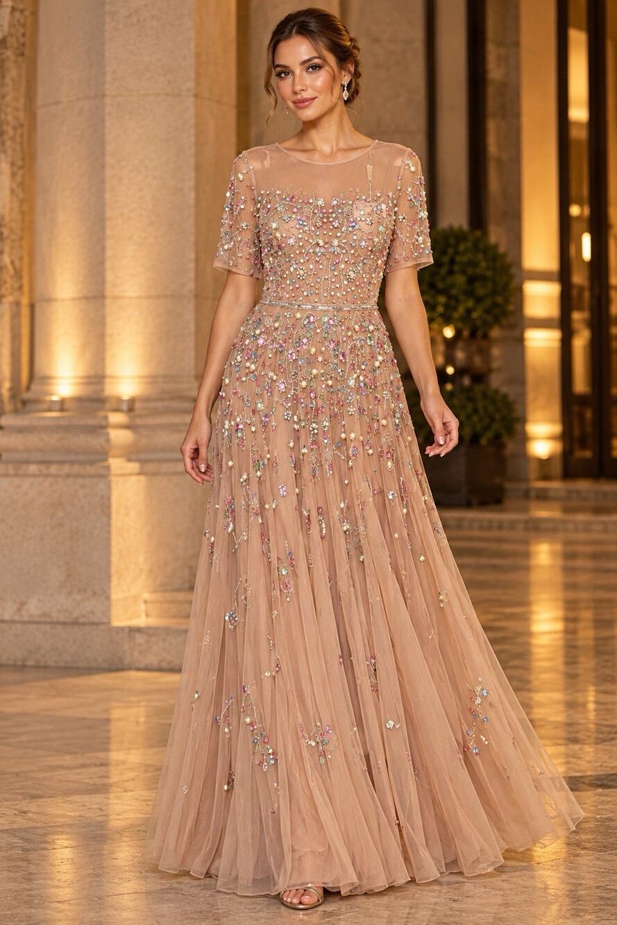 Mac Duggal Antique Gold Taupe A-line Stone-Detailed Mesh Gown Sz 14 $798 Formal